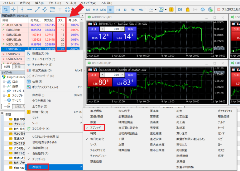 finpros mt5 スプレッドを表示