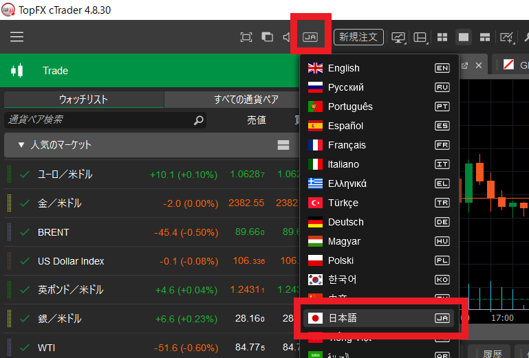 topfx ctrader スプレッド表示１